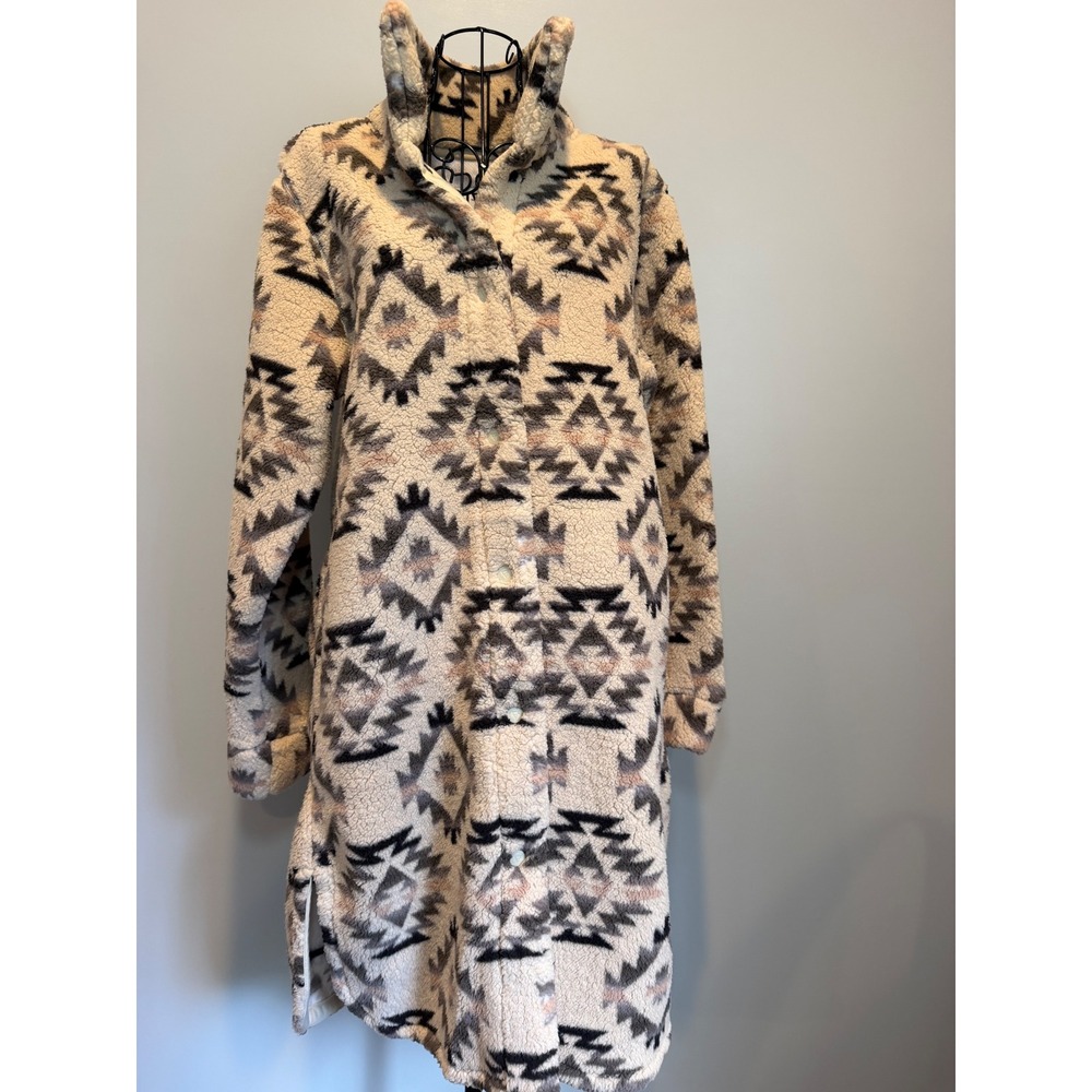 LIV Outdoor Women Medium Aztec Sherpa Fleece Longline Snap Jacket Cream Pink